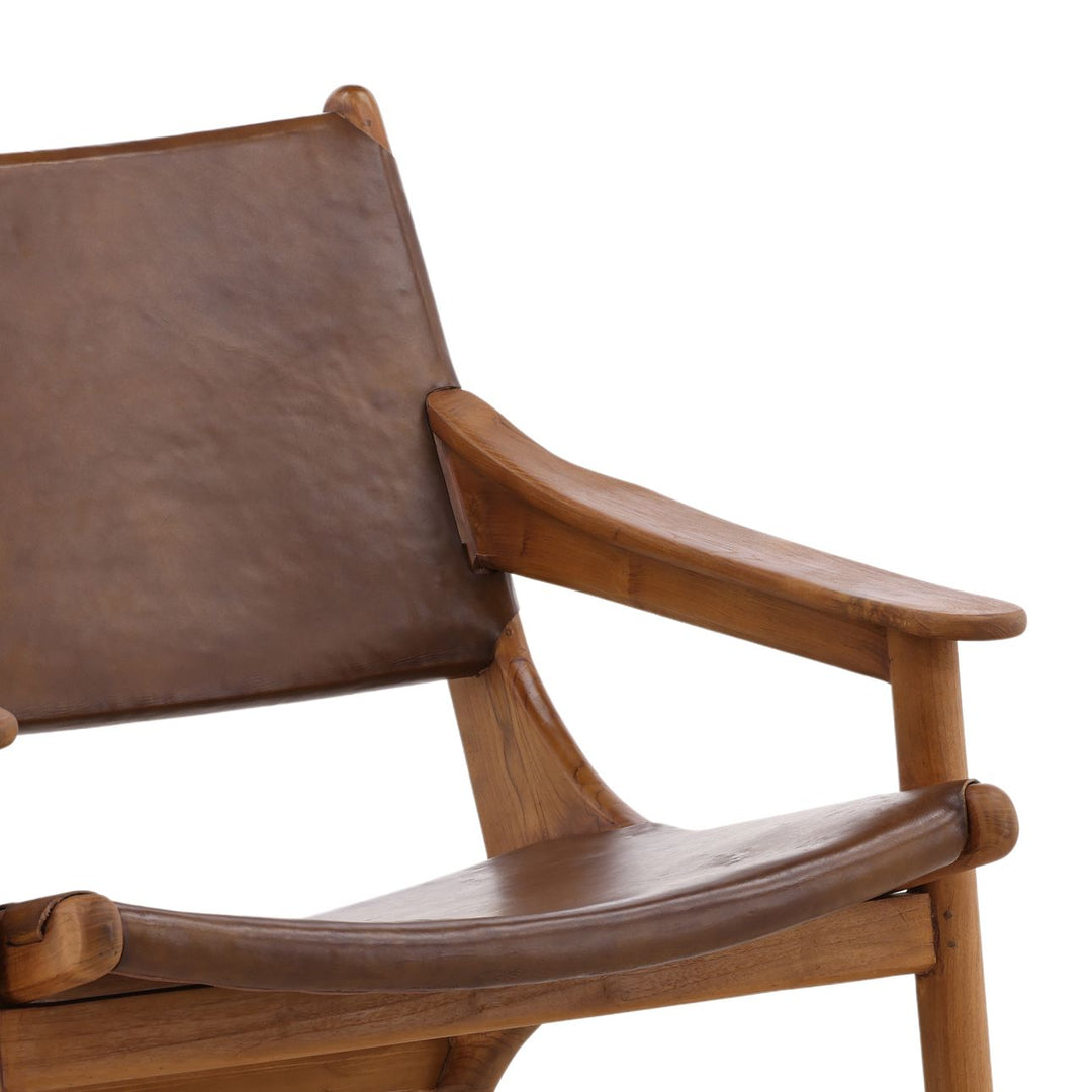 Marcell Brown Leather Teak Lounge Chair, detail 1 view