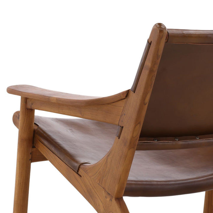 Marcell Brown Leather Teak Lounge Chair, detail 2 view