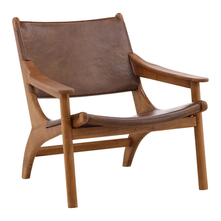 Marcell Brown Leather Teak Lounge Chair, three-quarter studio view
