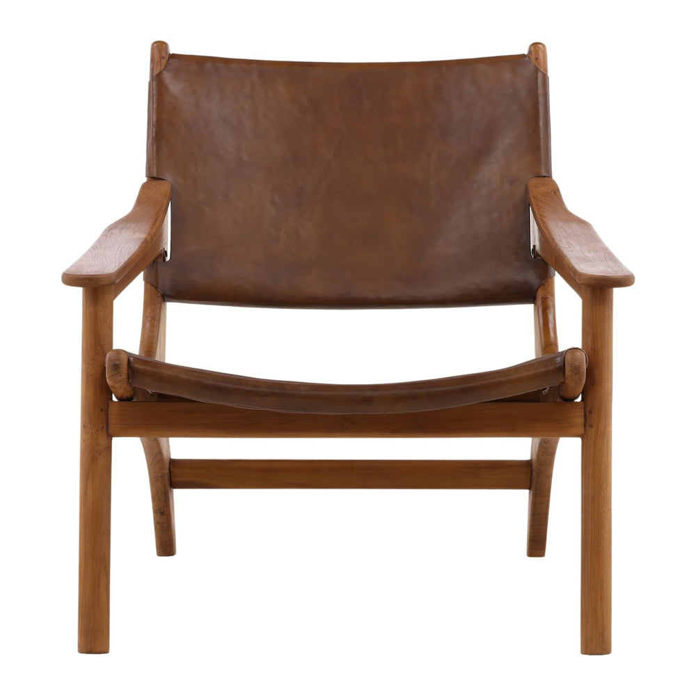Marcell Brown Leather Teak Lounge Chair, front view