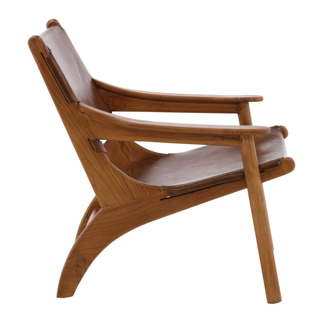 Marcell Brown Leather Teak Lounge Chair, profile view