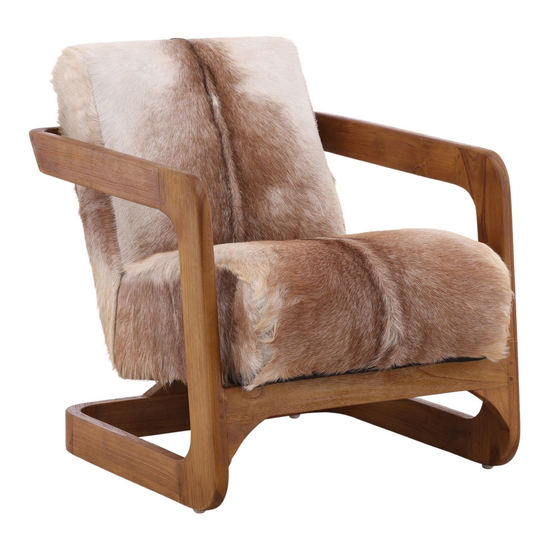Bautelle Brown Goat Hide Teak Lounge Chair, three-quarter studio view