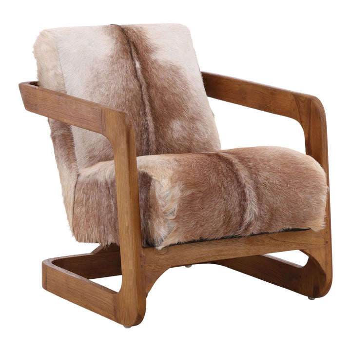 Bautelle Brown Goat Hide Teak Lounge Chair, three-quarter studio view