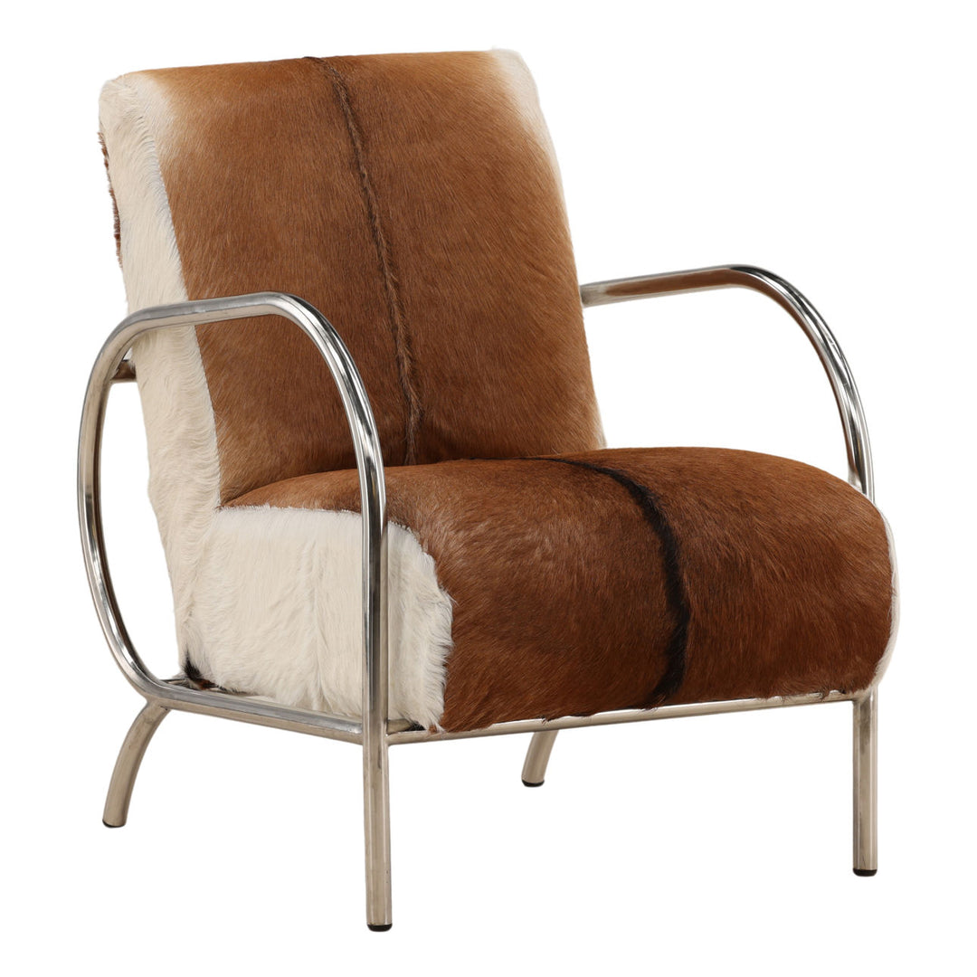 Lanora Goat Hide and Metal Lounge Chair, Silver Frame, three-quarter studio view