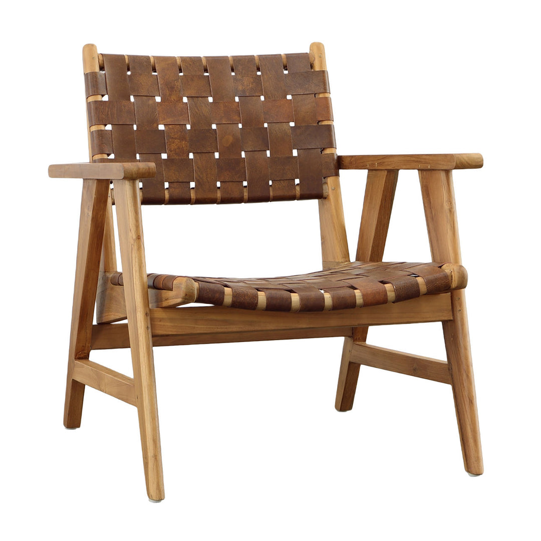 Soren Full Grain Leather Teak Lounge Chair, three-quarter studio view