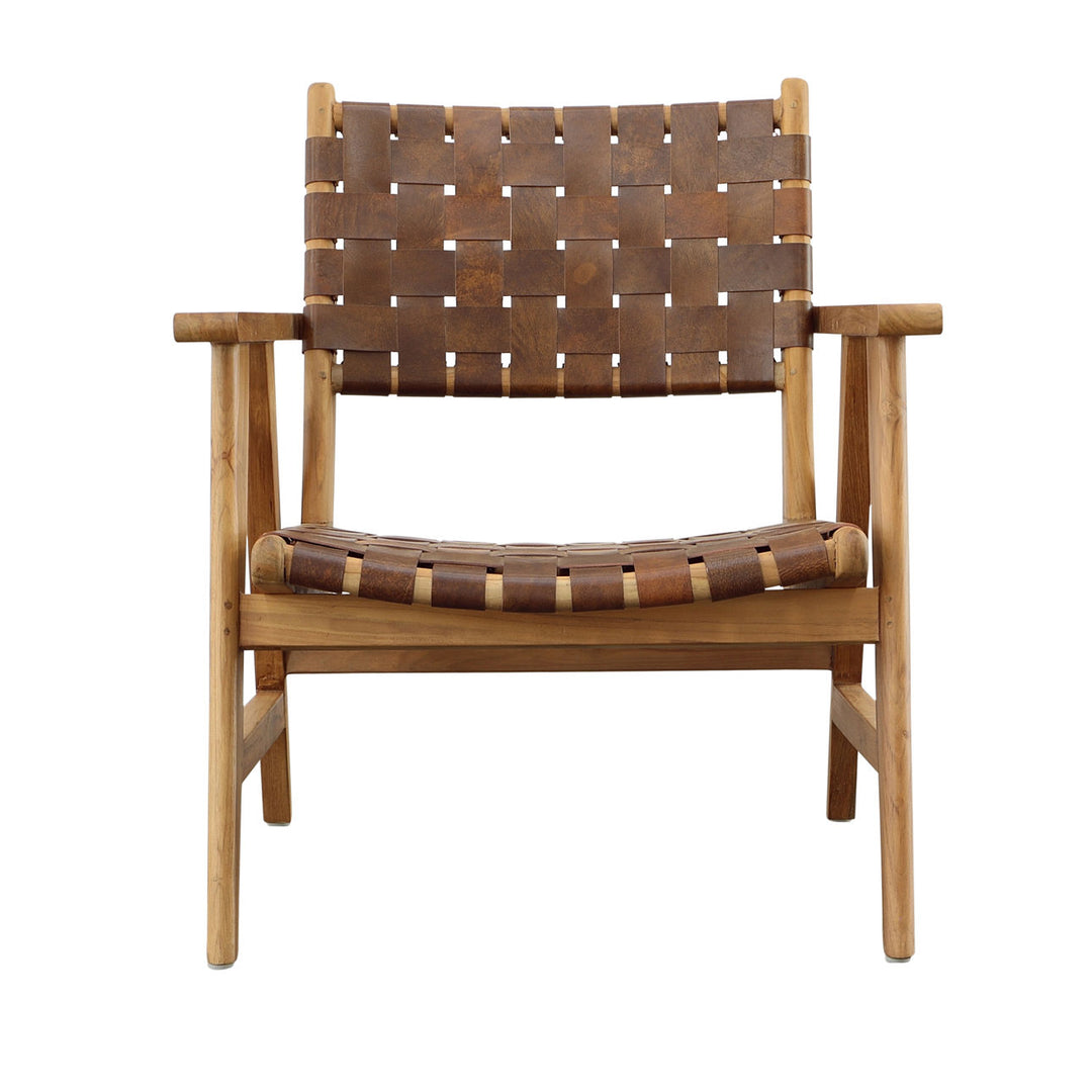 Soren Full Grain Leather Teak Lounge Chair, front view