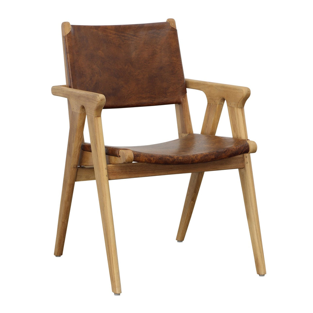 Oaklen Antique Brown Leather Dining Chair, three-quarter studio view