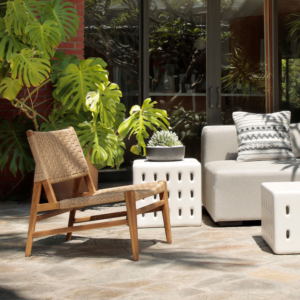 Mabren Teak and Woven Outdoor Lounge Chair, lifestyle view
