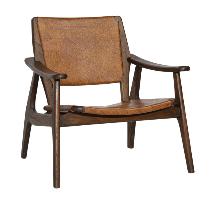 Danelle Brown Leather and Teak Lounge Chair, three-quarter studio view