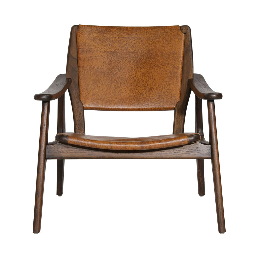 Danelle Brown Leather and Teak Lounge Chair, front view