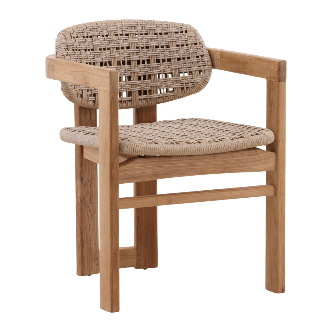 Jolie Wicker and Teak Outdoor Dining Chair, three-quarter studio view