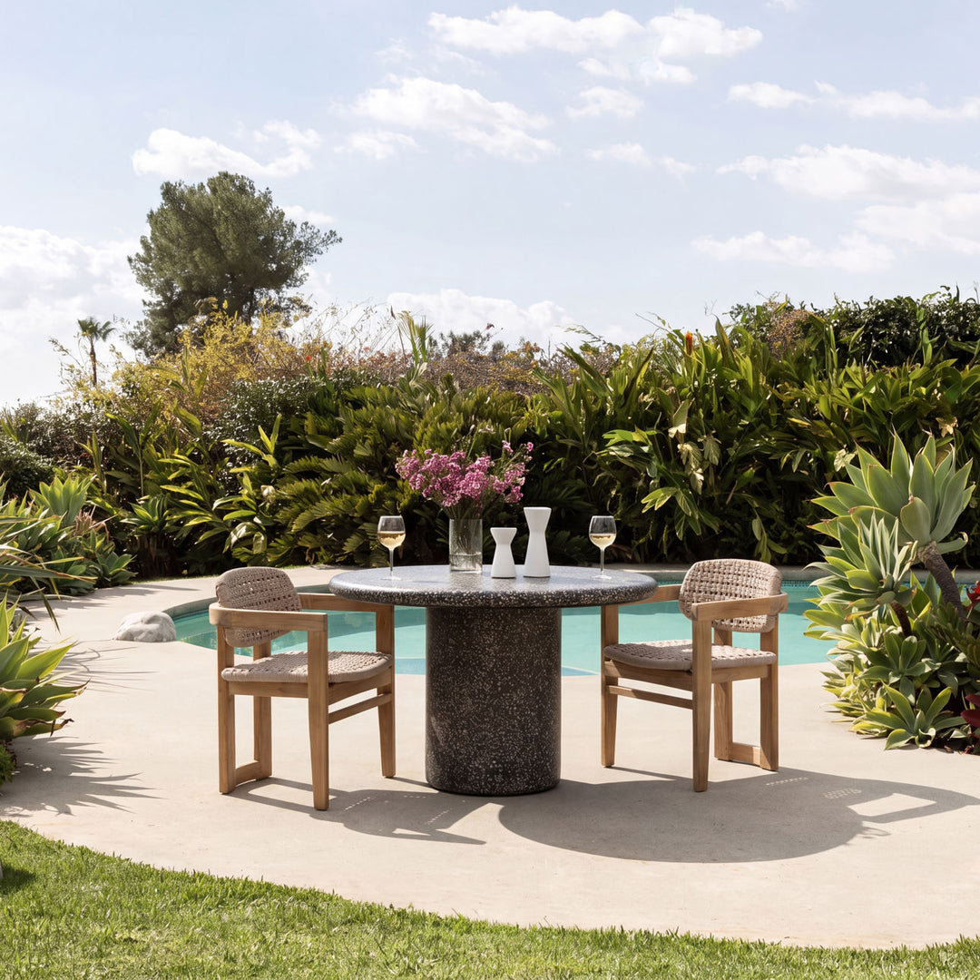 Jolie Wicker and Teak Outdoor Dining Chair, lifestyle view