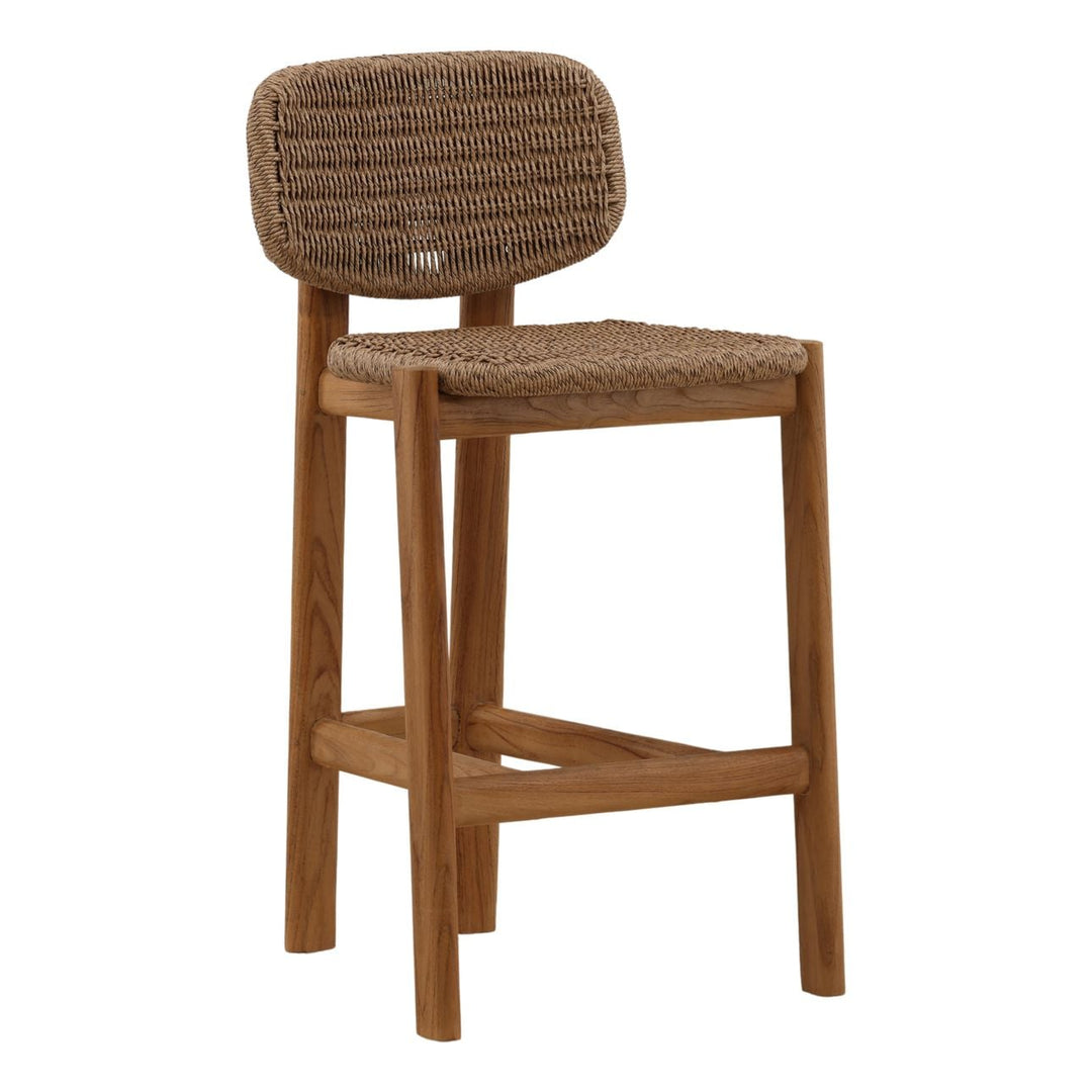Alven Woven Teak Outdoor Counter Stool, three-quarter studio view