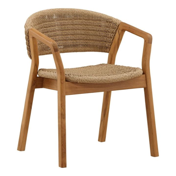 Arwen Wicker and Teak Outdoor Dining Chair, three-quarter studio view
