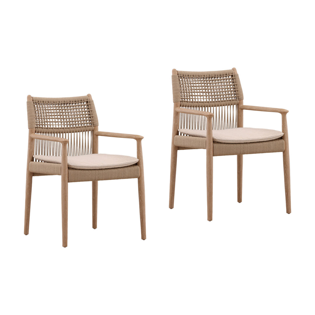 Alden Rope and Teak Outdoor Dining Chairs, Set of 2, three-quarter studio view