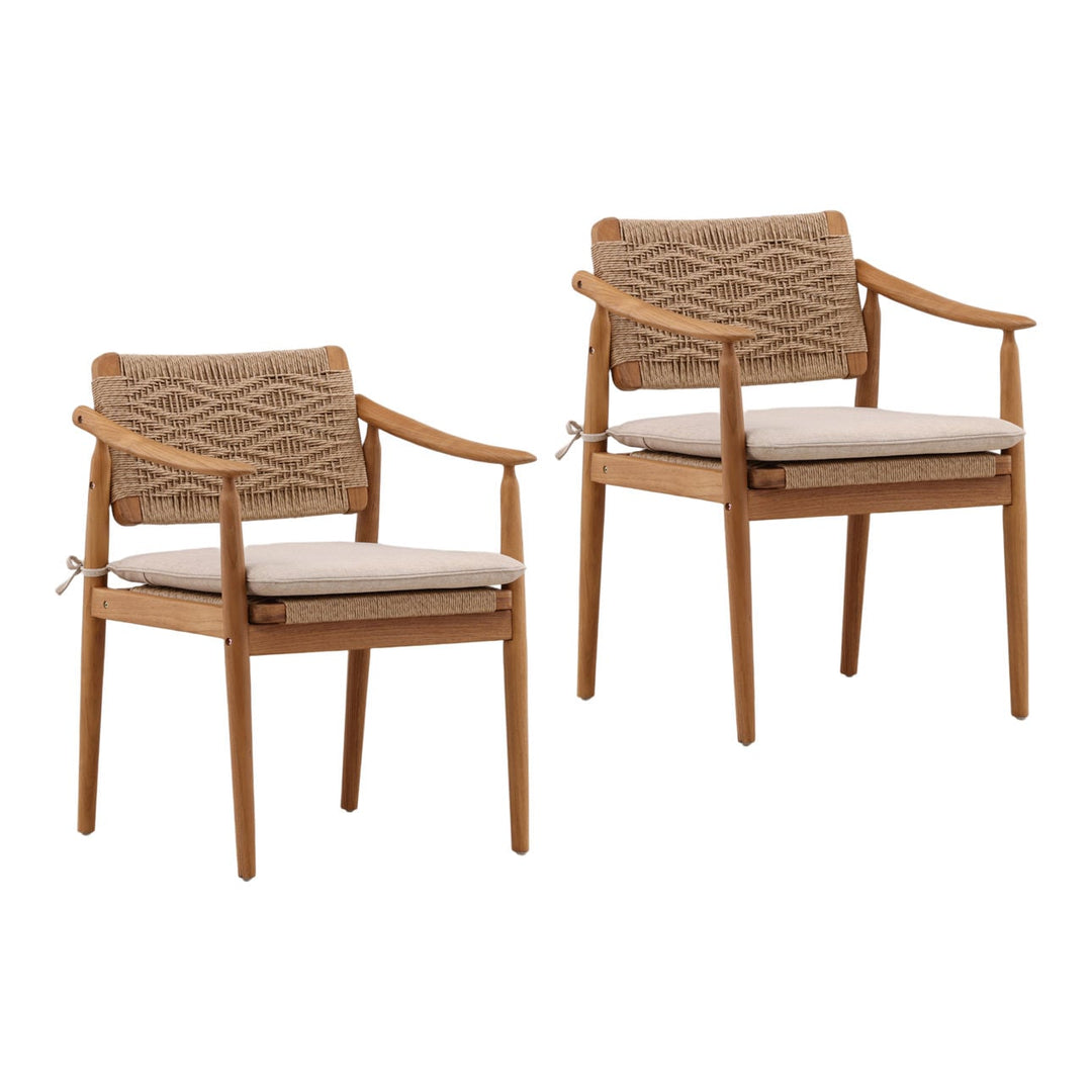 Maren Wicker and Teak Outdoor Dining Chairs, Set of 2, three-quarter studio view