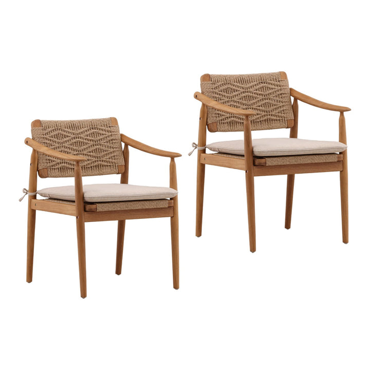 Maren Wicker and Teak Outdoor Dining Chairs, Set of 2, three-quarter studio view