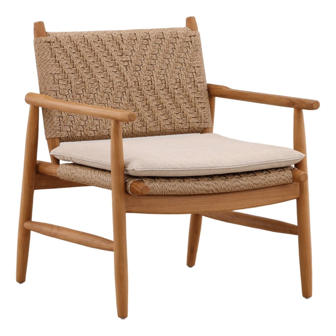 Arden Wicker and Teak Outdoor Lounge Chair, three-quarter studio view
