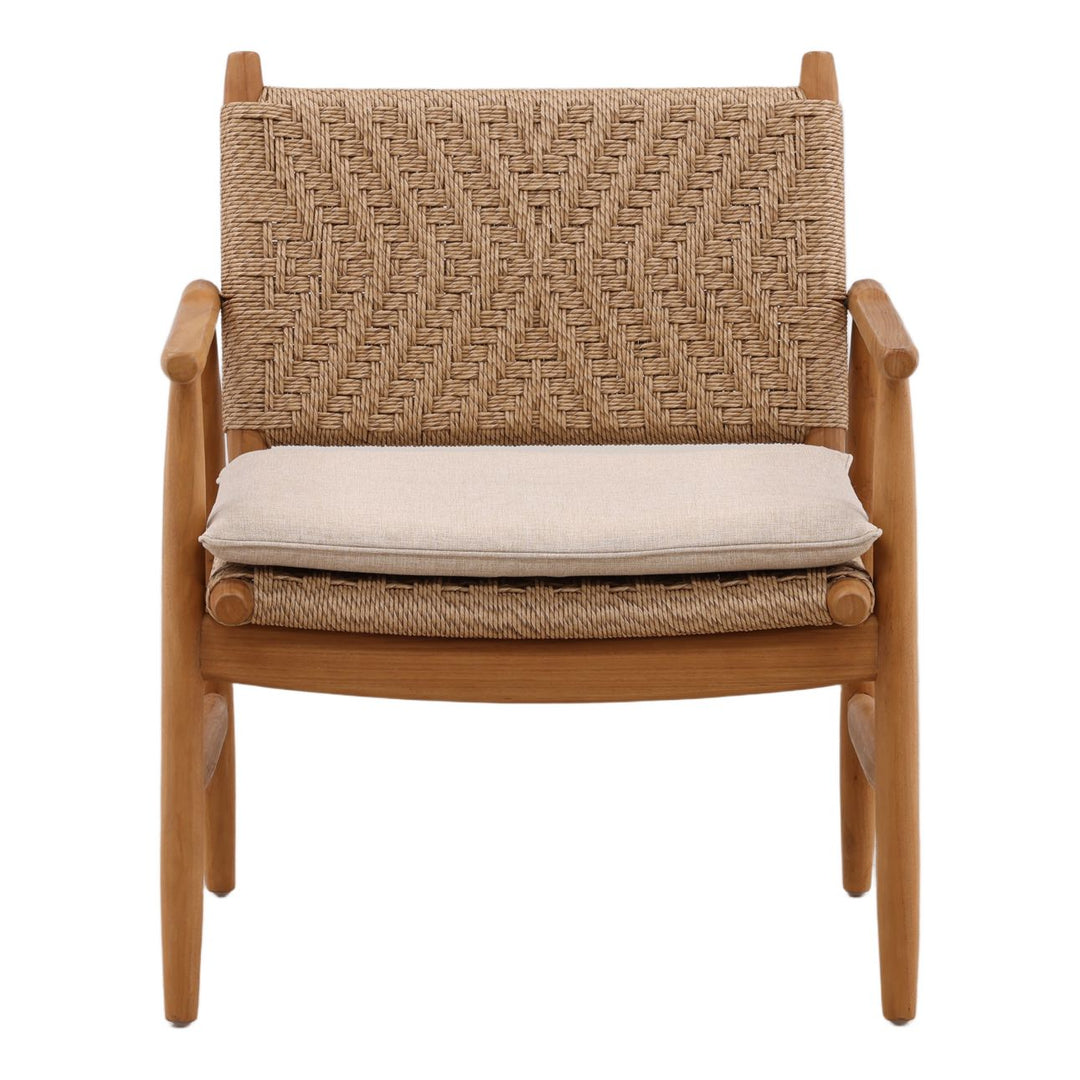 Arden Wicker and Teak Outdoor Lounge Chair, front view