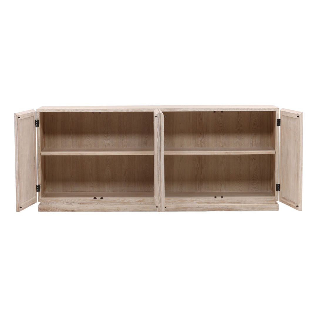 Harrington Whitewash Elm Sideboard, Four Door · 86.5 inches wide, open door view