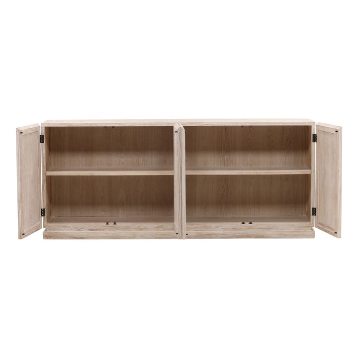 Harrington Whitewash Elm Sideboard, Four Door · 86.5 inches wide, open door view