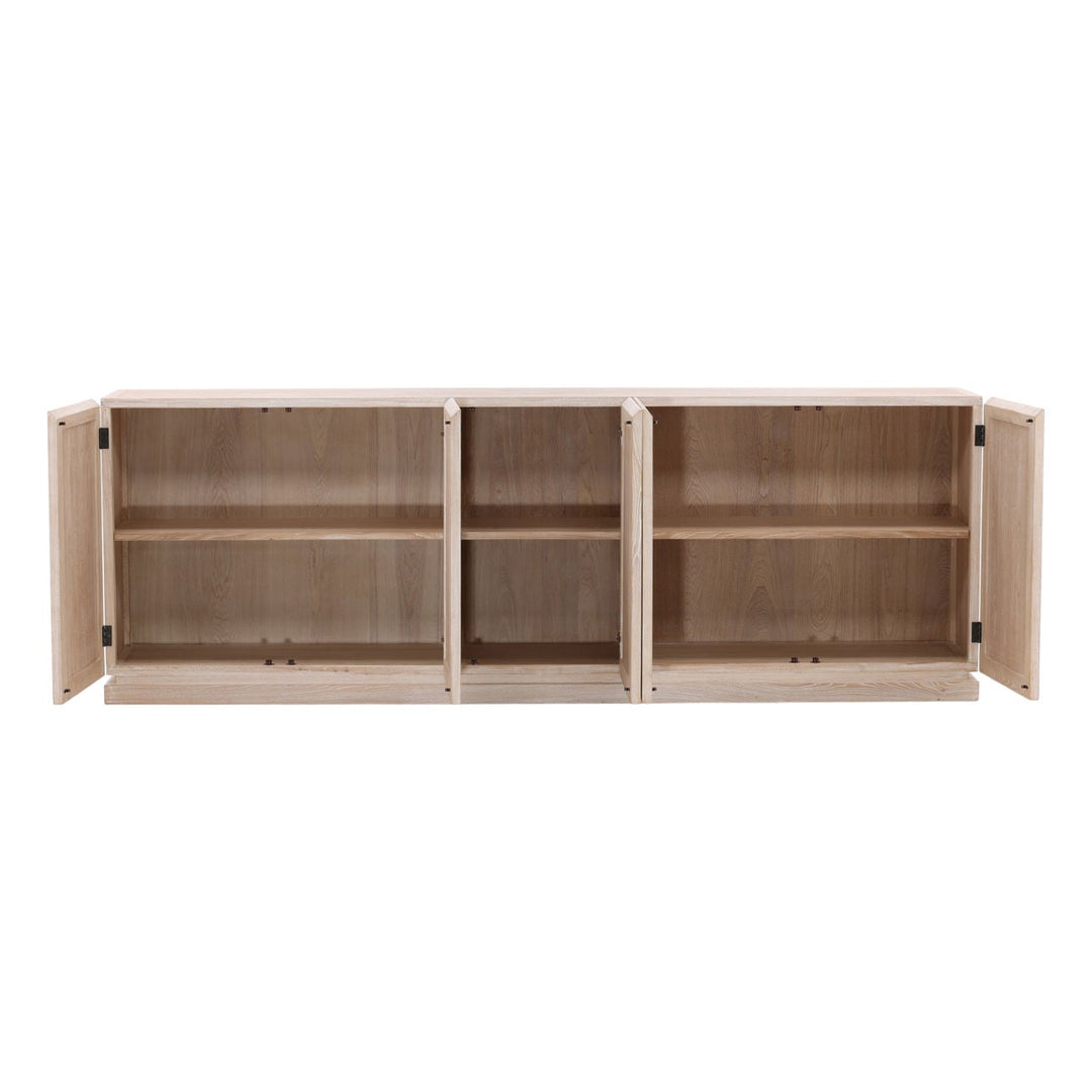 Harrington Whitewash Elm Sideboard, Five Door · 106.5 inches wide, open door view