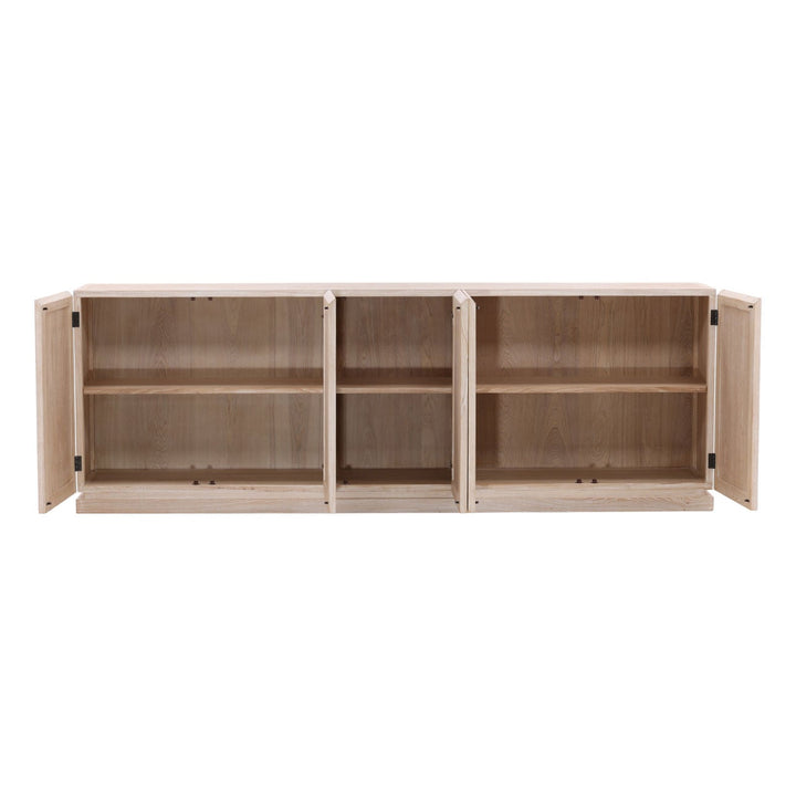 Harrington Whitewash Elm Sideboard, Five Door · 106.5 inches wide, open door view