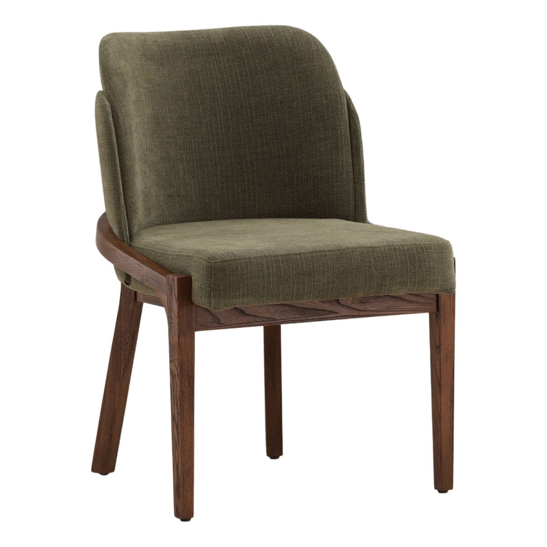 Jaclyn Upholstered Elm Dining Chair, Forest Basketweave and Brown, three-quarter studio view