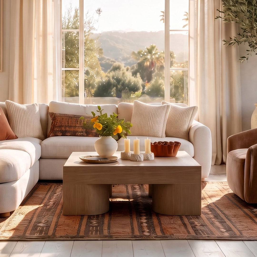 Jules Mindi Veneer Coffee Table, Light Natural, lifestyle view