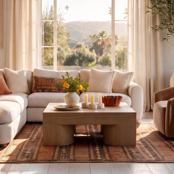 Jules Mindi Veneer Coffee Table, Light Natural, lifestyle view