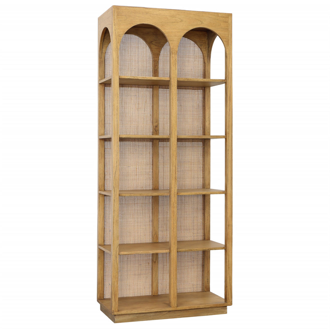 Leon Mindi Wood and Rattan Bookcase, three-quarter studio view