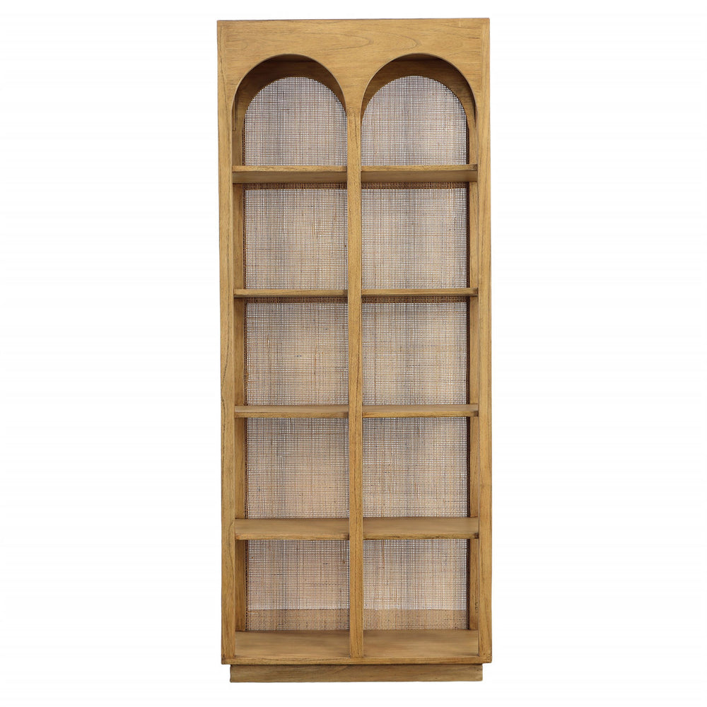 Leon Mindi Wood and Rattan Bookcase, front view