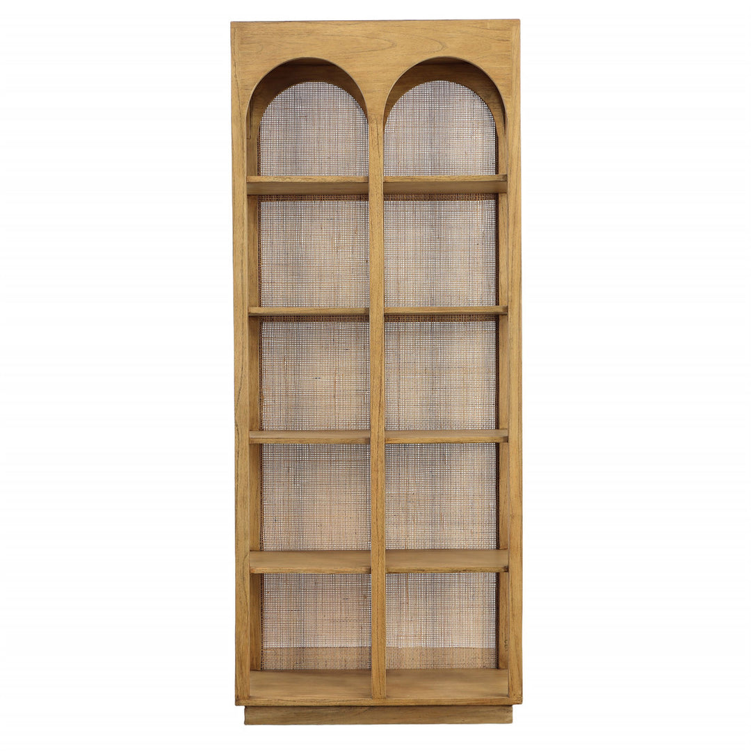 Leon Mindi Wood and Rattan Bookcase, front view