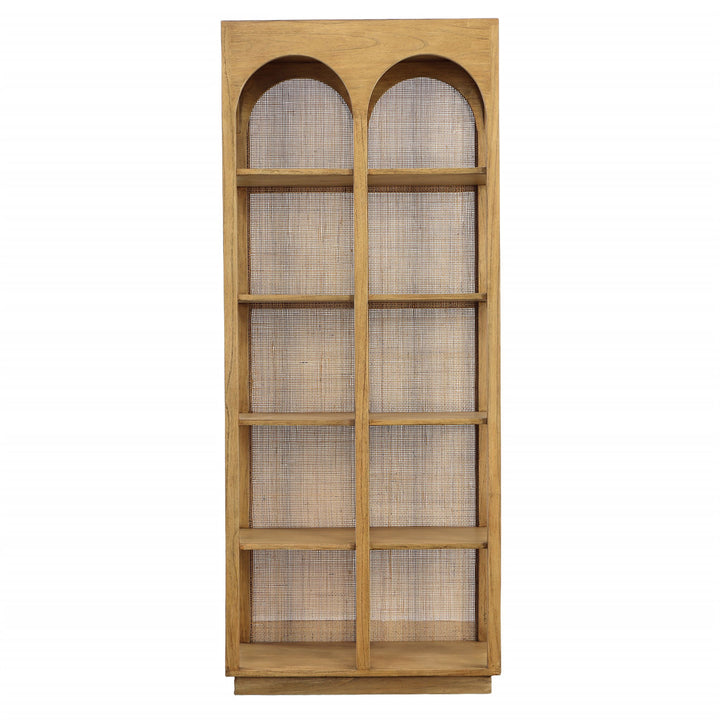 Leon Mindi Wood and Rattan Bookcase, front view