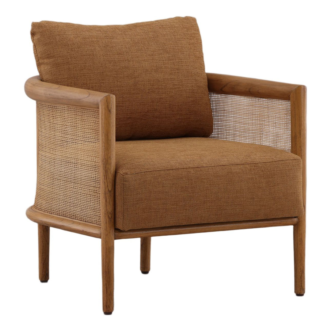 Odessa Upholstered Wood and Rattan Lounge Chair, Brown, three-quarter studio view