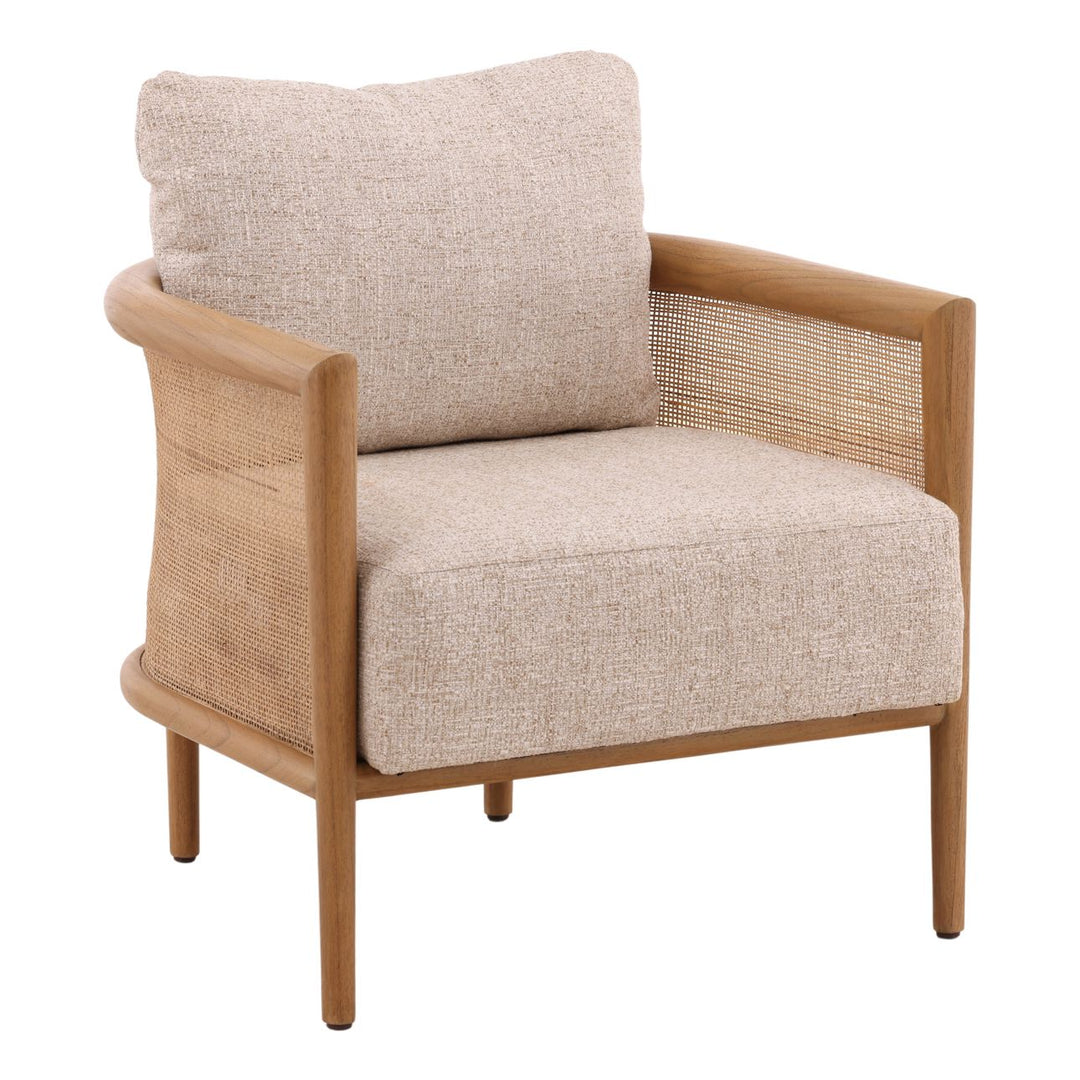 Odessa Upholstered Wood and Rattan Lounge Chair, Fawn, three-quarter studio view