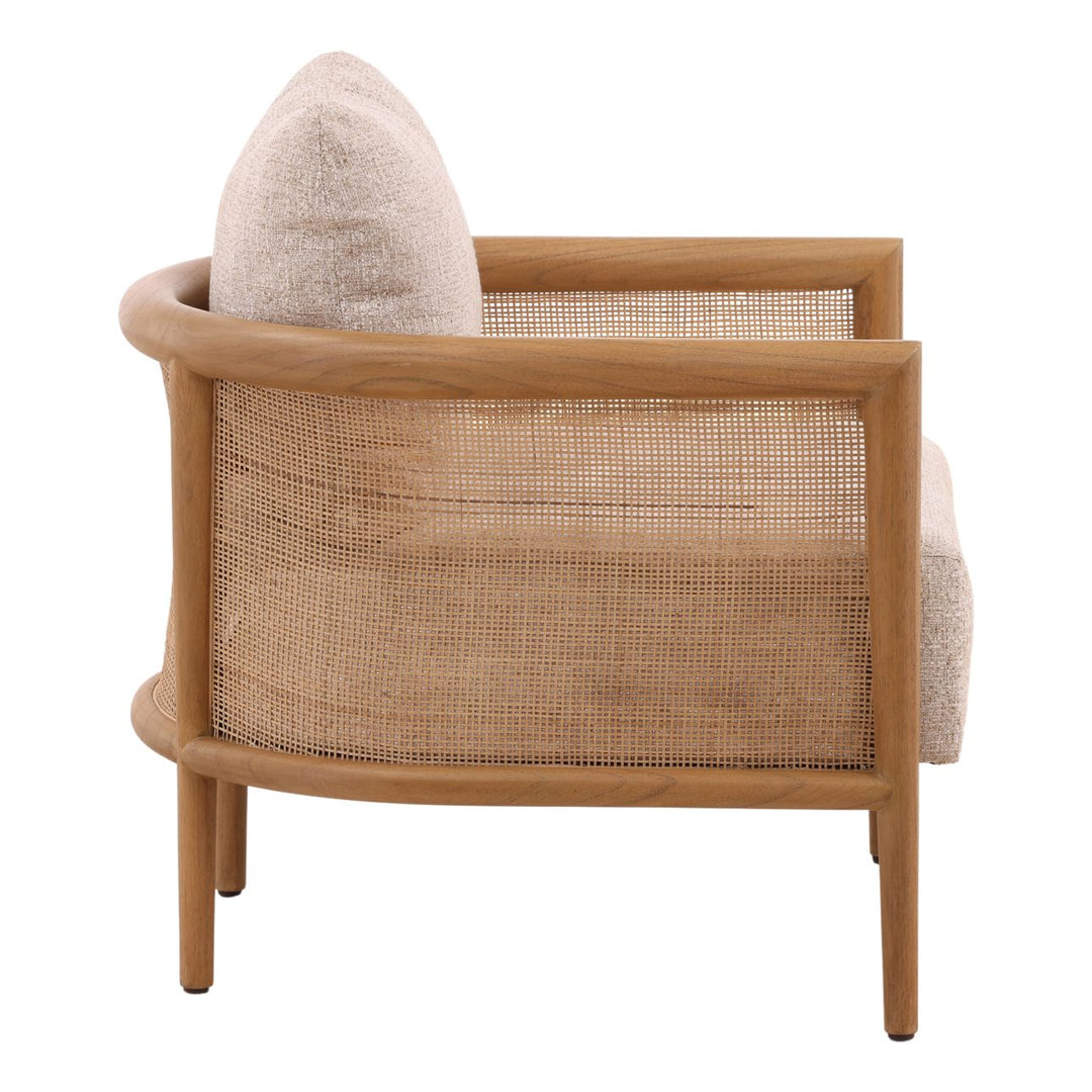 Odessa Upholstered Wood and Rattan Lounge Chair, Fawn, profile view