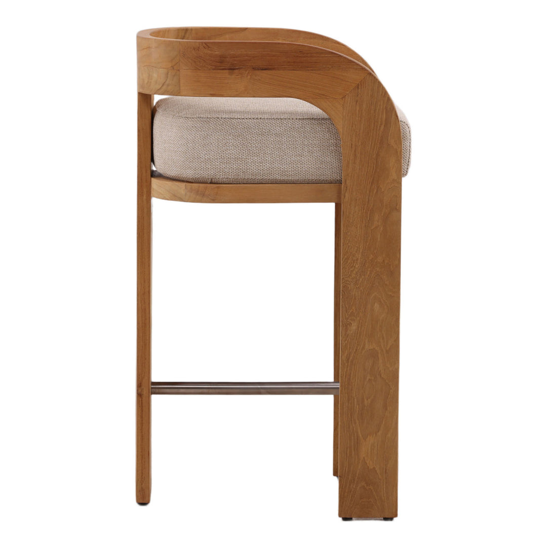 Avren Sand Teak Outdoor Counter Stool, profile view