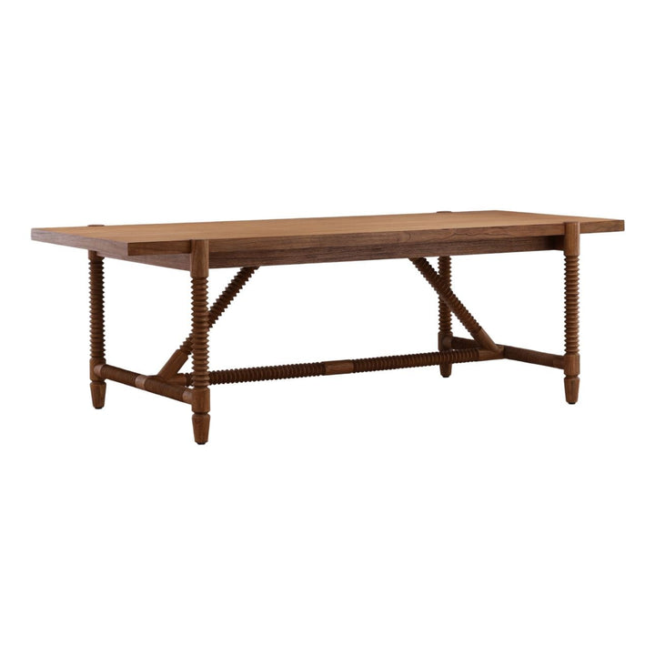 Fenton Mindi Wood Dining Table, three-quarter studio view