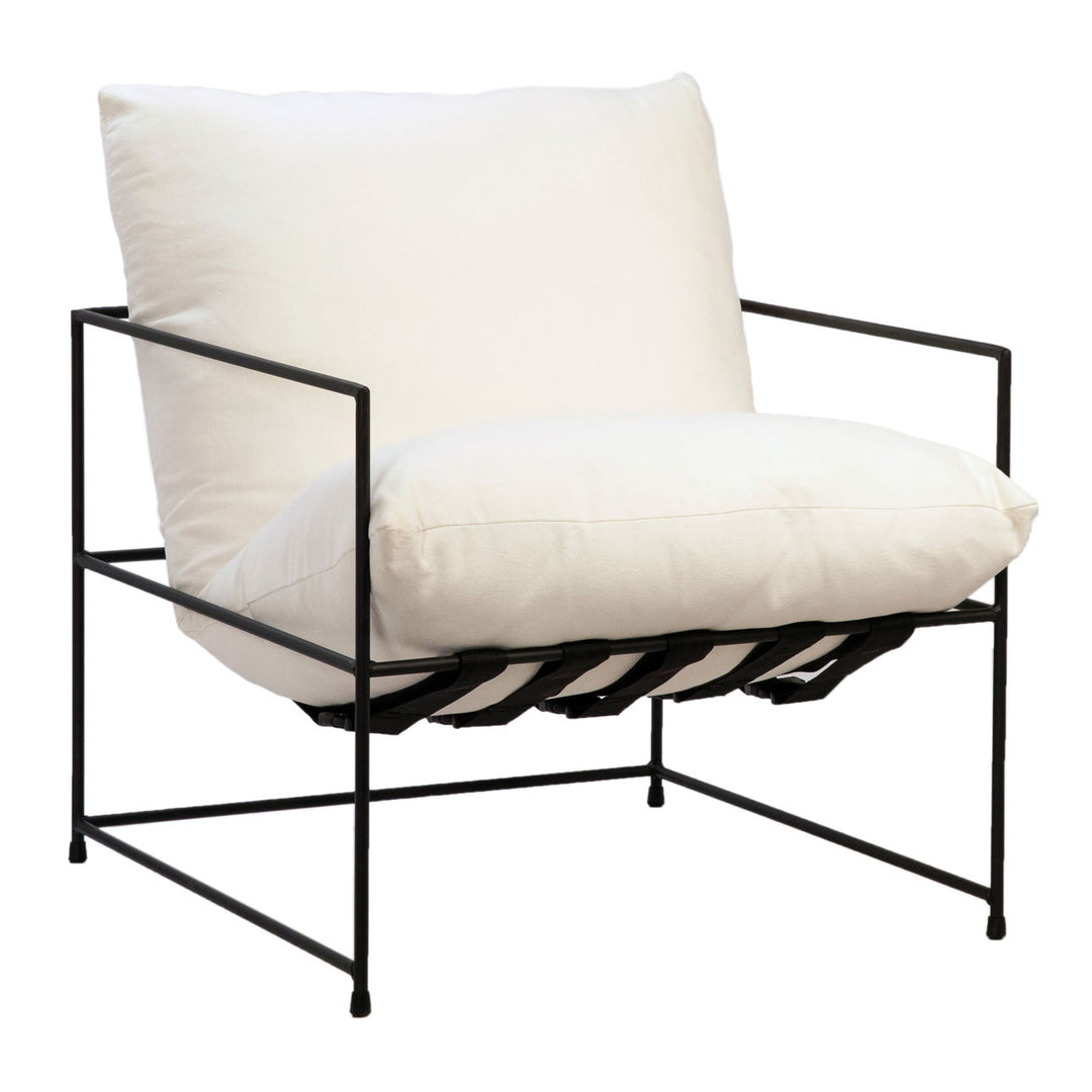 Isken White Upholstered Iron Lounge Chair, three-quarter studio view