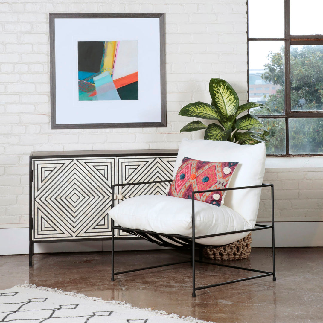 Isken White Upholstered Iron Lounge Chair, lifestyle view