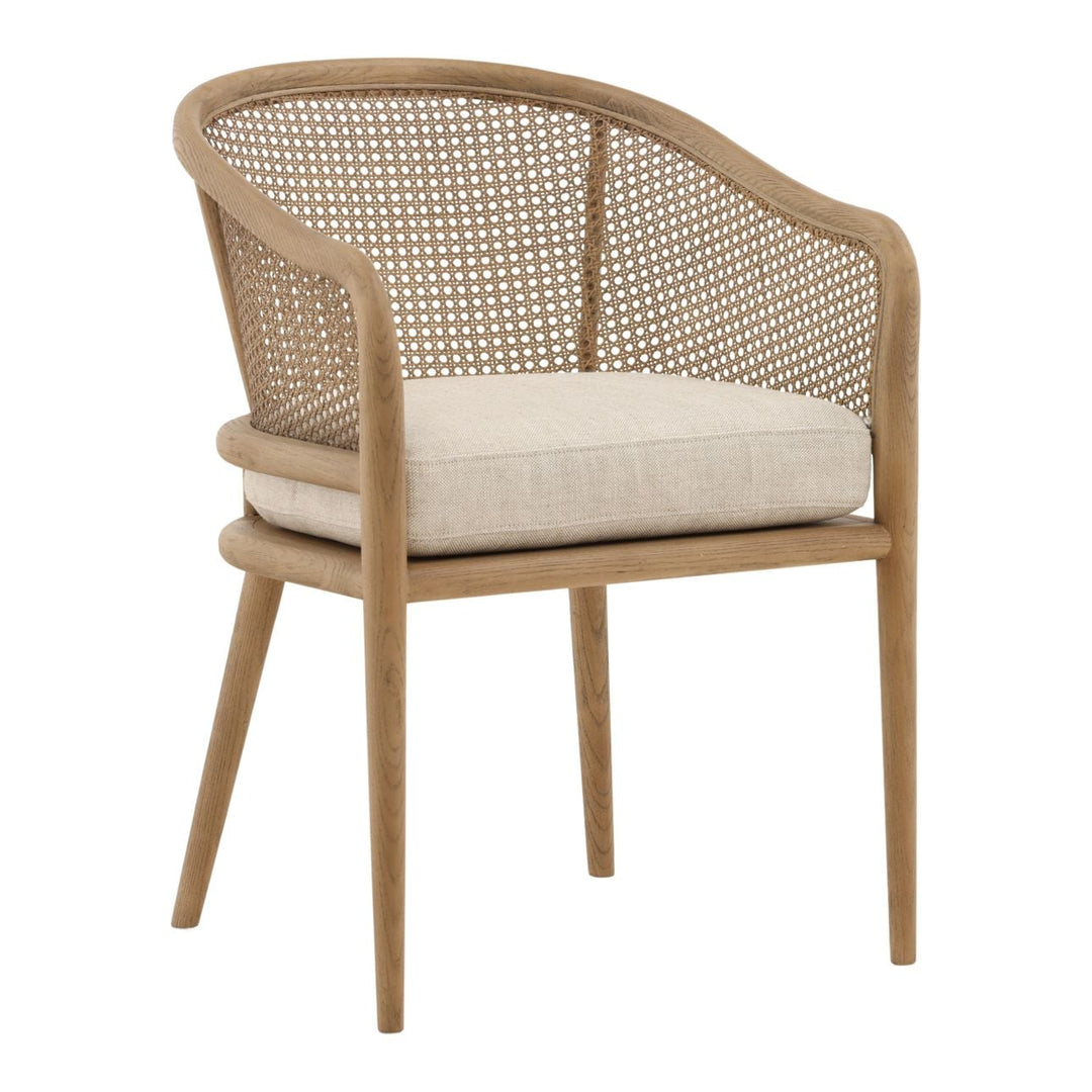 Camille Rattan and Ash Dining Chair, Beige Linen, three-quarter studio view