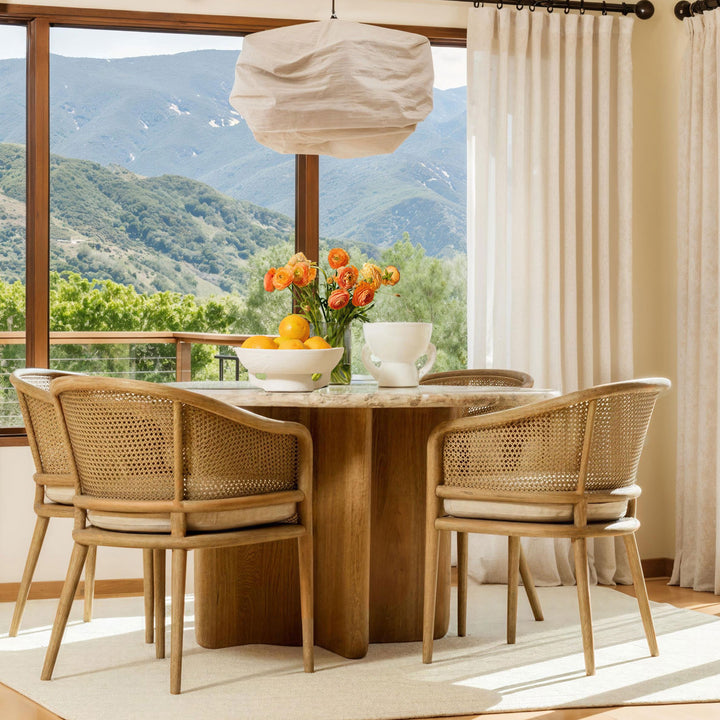 Camille Rattan and Ash Dining Chair, Beige Linen, lifestyle view