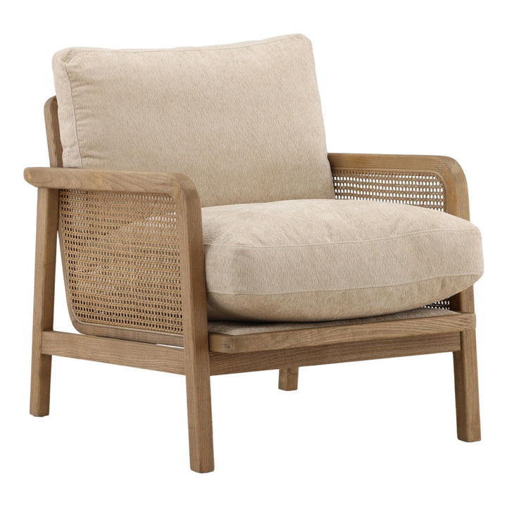 Ismara Sand Chenille and Rattan Lounge Chair, three-quarter studio view