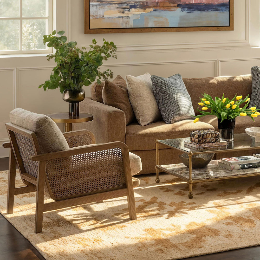 Ismara Sand Chenille and Rattan Lounge Chair, lifestyle view