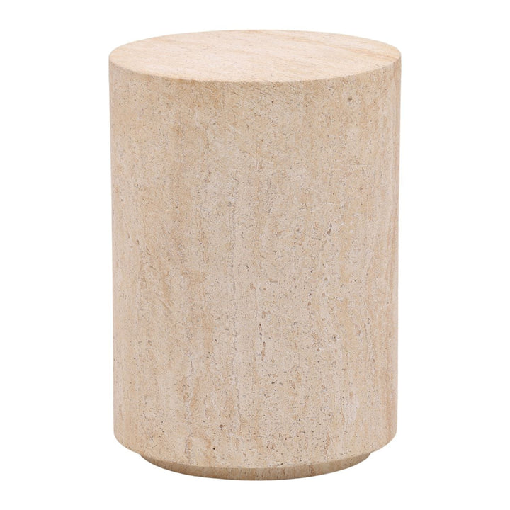 Belen Faux Travertine Outdoor Side Table, three-quarter studio view
