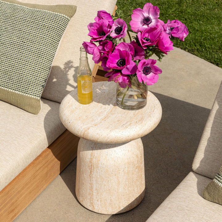 Marea Concrete Outdoor Side Table, Faux Travertine, manufacturer lifestyle setting