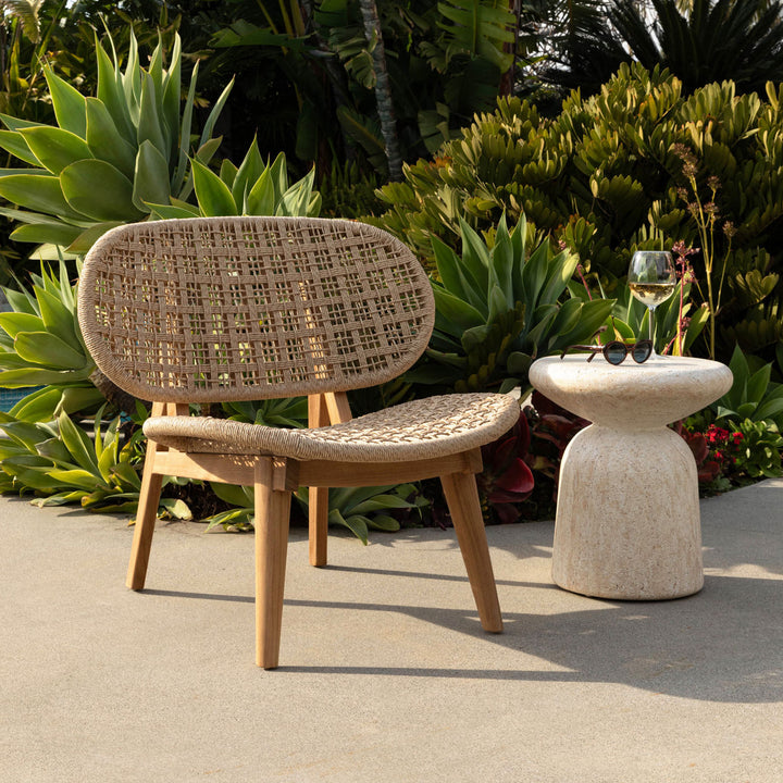 Marea Concrete Outdoor Side Table, Faux Travertine, manufacturer lifestyle setting