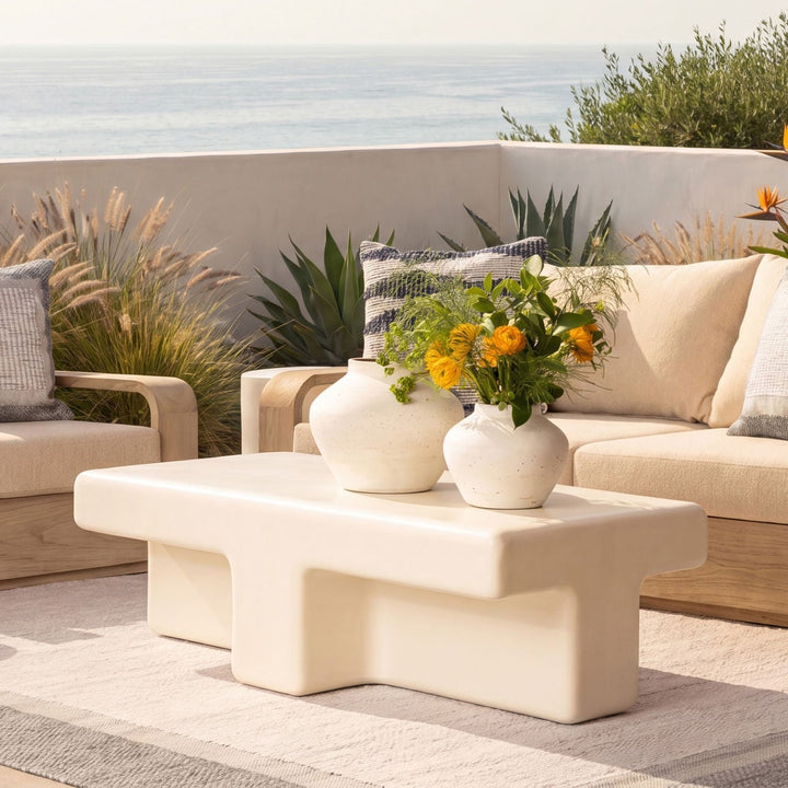 Teon White Outdoor Coffee Table, lifestyle view