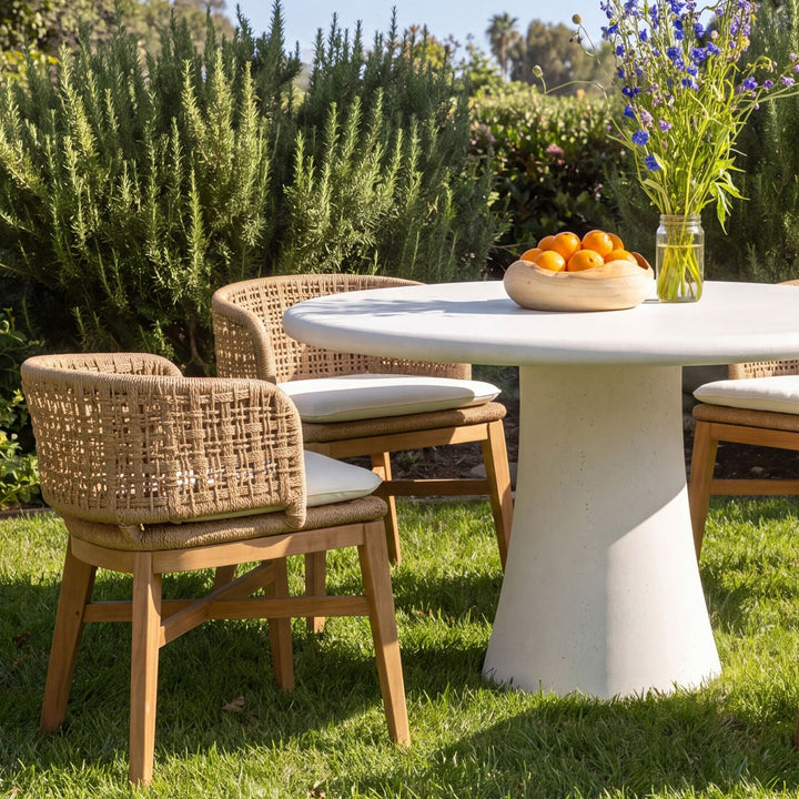Jemma White Concrete Outdoor Dining Table, lifestyle view
